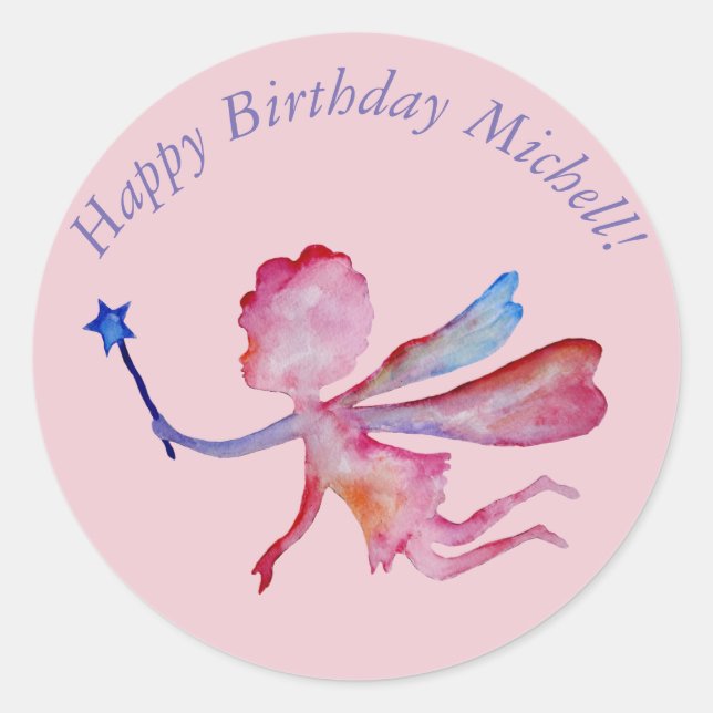 Adesivo Redondo Pink Fairy Watercolor DrawinClassic Round Sticker (Frente)