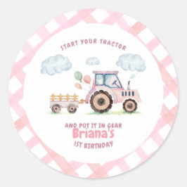 Adesivo Redondo Pink Farm Tractor Girl Any Age Birthday
