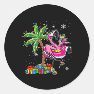 Adesivo Redondo Pink Flamingo de Natal Palm Tree Tropical Xmas Ho
