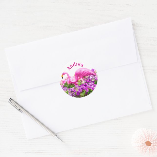Adesivo Redondo Pink Flamingo Petunia Art Add Custom Text  (Envelope)