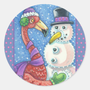 ADESIVO REDONDO PINK FLAMINGO SNOWMAN, CHRISTMAS STICKER RODANDO