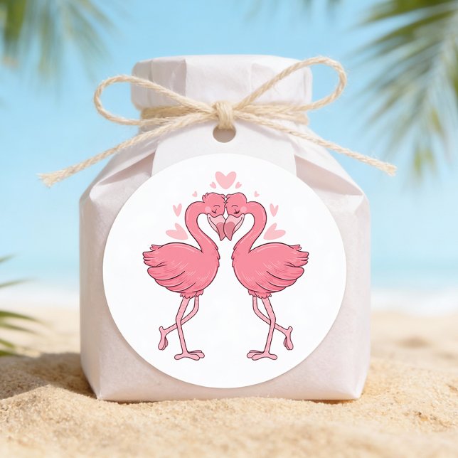 Adesivo Redondo Pink Flamingo Tropical Hawaiian Beach Wedding (Criador carregado)