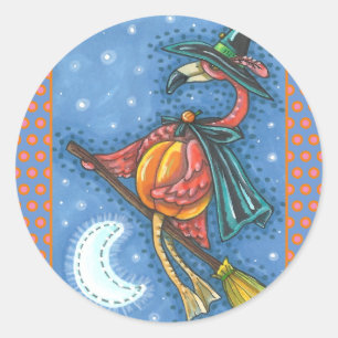 ADESIVO REDONDO PINK FLAMINGO WITCH, VOANDO SOBRE A LUA EM UM QUAR