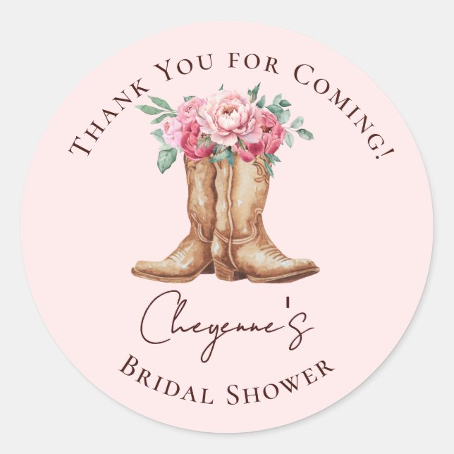 Adesivo Redondo Pink Floral Boho Cowgirl BRIDAL SHOWER Thank You (Frente)