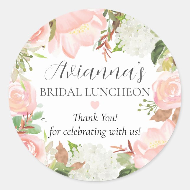 Adesivo Redondo Pink Floral Bridal Luncheon Obrigado Por (Frente)