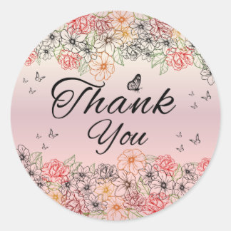 Adesivo Redondo Pink Floral Butterfly Round Thank You Sticker