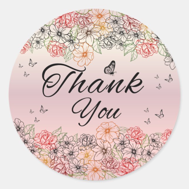 Adesivo Redondo Pink Floral Butterfly Round Thank You Sticker (Frente)