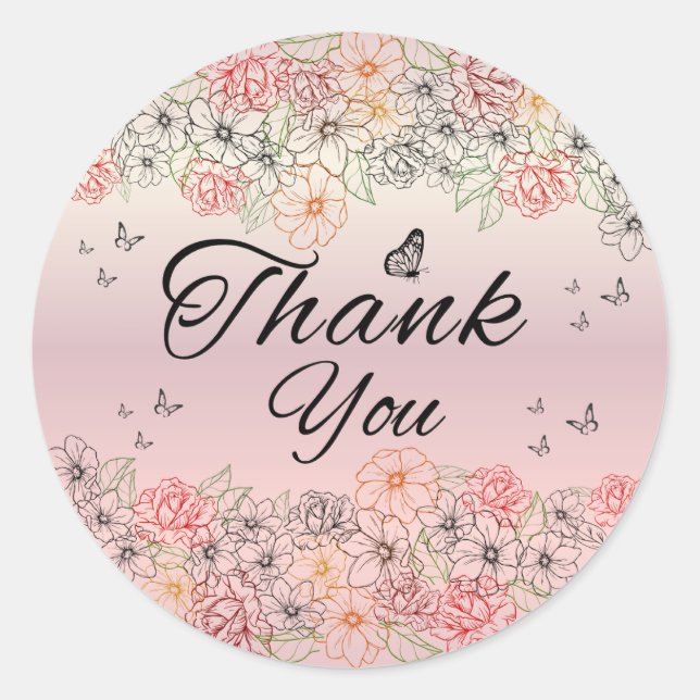Adesivo Redondo Pink Floral Butterfly Round Thank You Sticker (Frente)