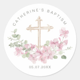 Adesivo Redondo Pink Floral Eucalyptus Cross Baptism