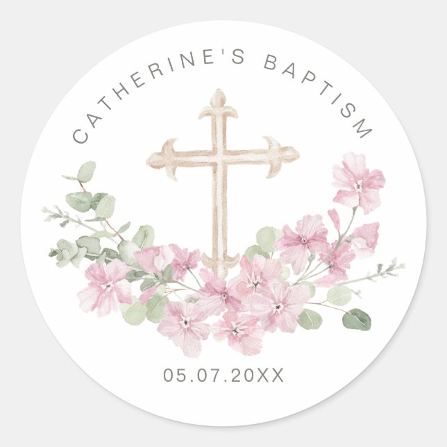 Adesivo Redondo Pink Floral Eucalyptus Cross Baptism (Frente)