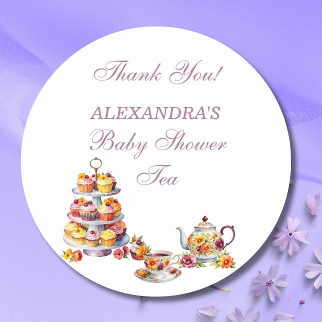 Adesivo Redondo Pink Floral Lilac Tea Party Baby Shower Favor  (Criador carregado)