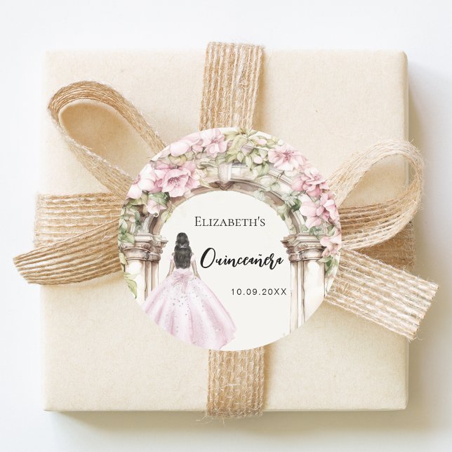 Adesivo Redondo Pink florals garden marble arch dress Quinceanera (Criador carregado)