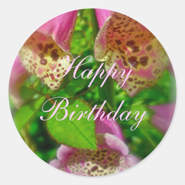 Adesivo Redondo Pink Foxglove Happy Birday Sticker (Frente)