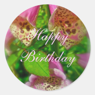 Adesivo Redondo Pink Foxglove Happy Birthday Sticker