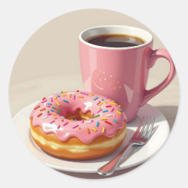 Adesivo Redondo Pink Frosted Donut and Coffee