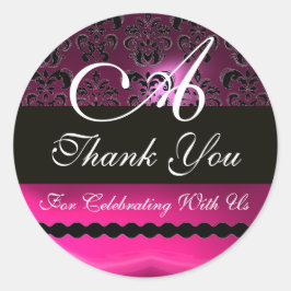 Adesivo Redondo PINK FUCHSIA PURPLE DAMASK MONOGRAM, violeta