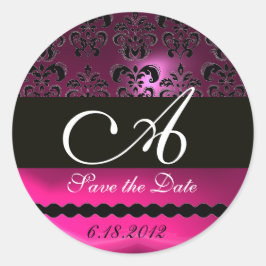 Adesivo Redondo PINK FUCHSIA PURPLE DAMASK MONOGRAM, violeta