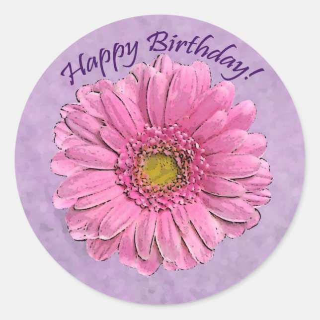 Adesivo Redondo Pink Gerbera Happy Birthday (Frente)