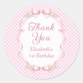 Adesivo Redondo Pink Gingham Bow First Birthday Thank You Sticker