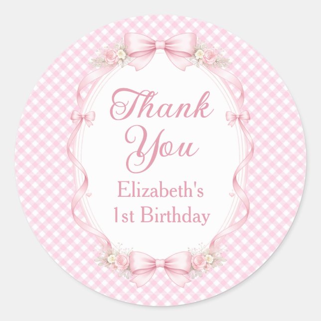 Adesivo Redondo Pink Gingham Bow First Birthday Thank You Sticker (Frente)