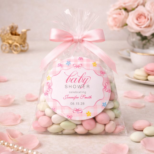 Adesivo Redondo Pink Gingham Floral Bow Baby Shower Sticker (Criador carregado)