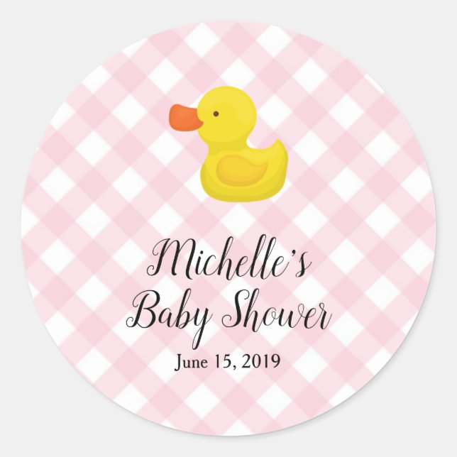 Adesivo Redondo Pink Gingham Rubber Duckie Baby Shower (Frente)
