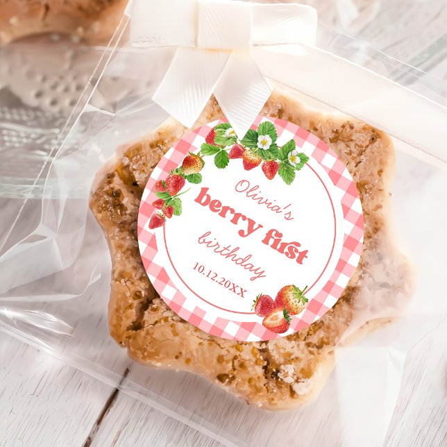 Adesivo Redondo Pink Gingham Strawberry Aniversário (Criador carregado)