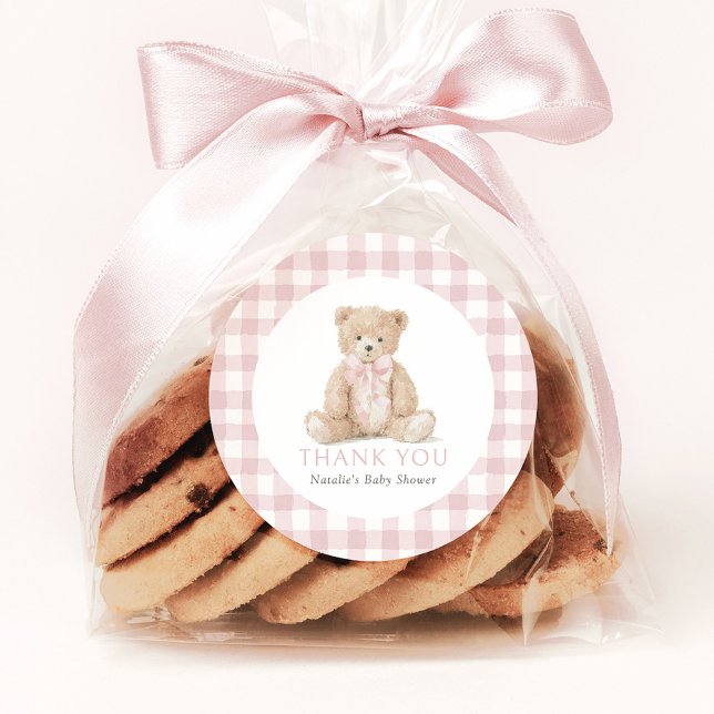 Adesivo Redondo Pink Gingham Teddy Bear Baby Shower (Criador carregado)