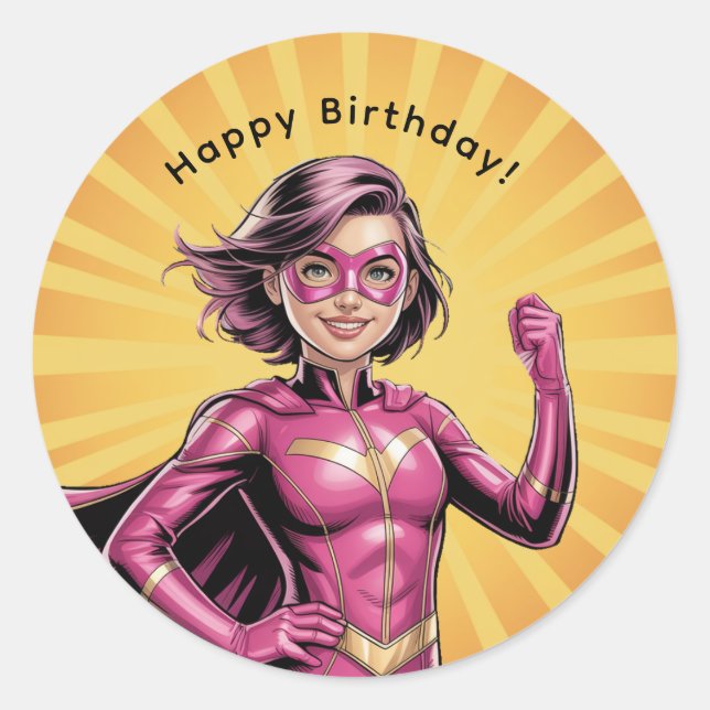Adesivo Redondo Pink Girl Superhero Birthday Party (Frente)