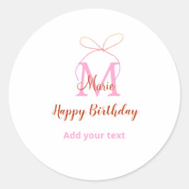 Adesivo Redondo Pink glitter bow add name letter monogram birthday