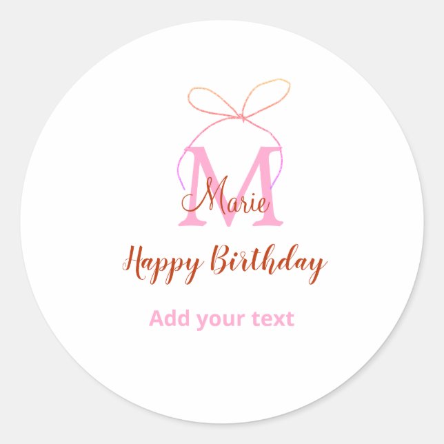 Adesivo Redondo Pink glitter bow add name letter monogram birthday (Frente)
