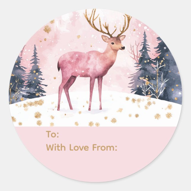 Adesivo Redondo Pink & Gold Deer Personalized To and From Stickers (Frente)