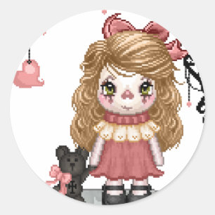 Adesivo Redondo Pink Gothic Love Doll Pixel Art