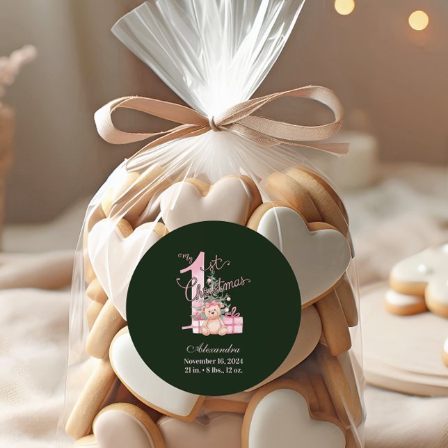 Adesivo Redondo Pink Green Baby First Christmas (Criador carregado)
