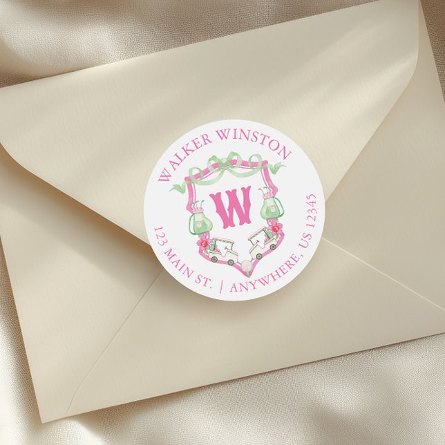 Adesivo Redondo Pink & Green Golf Carrinho Monograma Morada (Criador carregado)