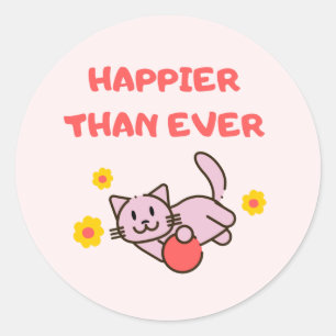Adesivo Redondo Pink Happy Cat - Vinheta redonda clássica