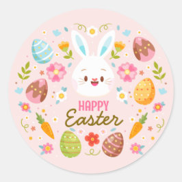 Adesivo Redondo Pink Happy Easter BunnySpring  Floral 