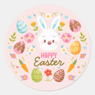 Adesivo Redondo Pink Happy Easter BunnySpring  Floral 