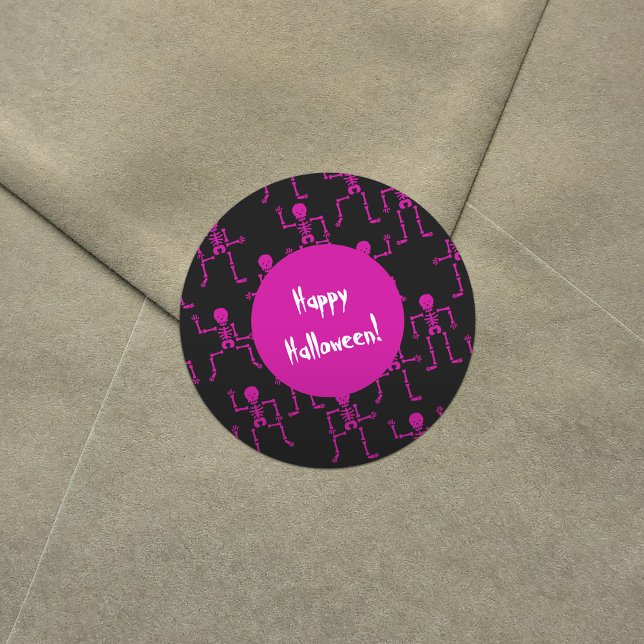 Adesivo Redondo Pink Happy Halloween Dançando Skeletons Padrão (Criador carregado)