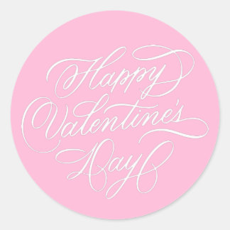 Adesivo Redondo Pink Happy Valentines Day Elegant Calligraphy 