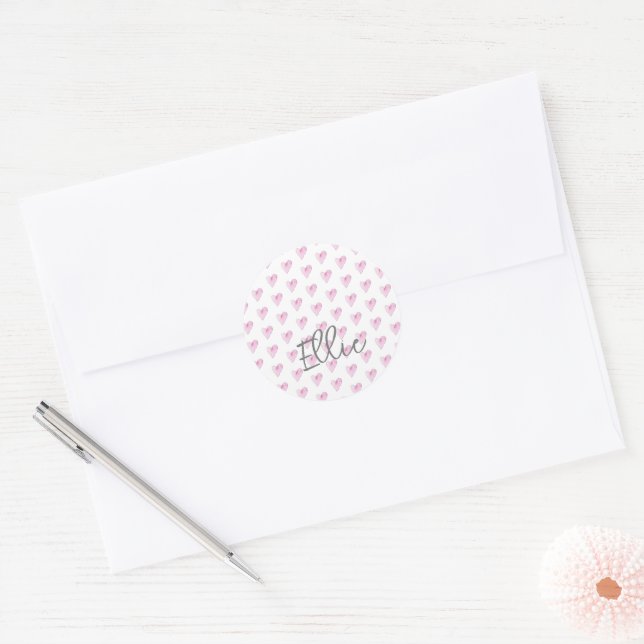 Adesivo Redondo Pink Heart Patterno NAME WaterColor Sweet Love (Envelope)