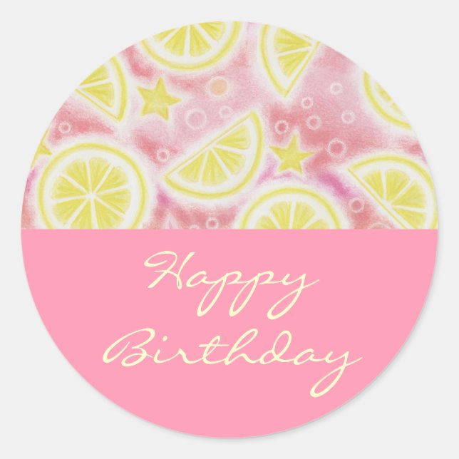 Adesivo Redondo Pink Lemonade 'Happy Birthday' - vinheta rosa redo (Frente)