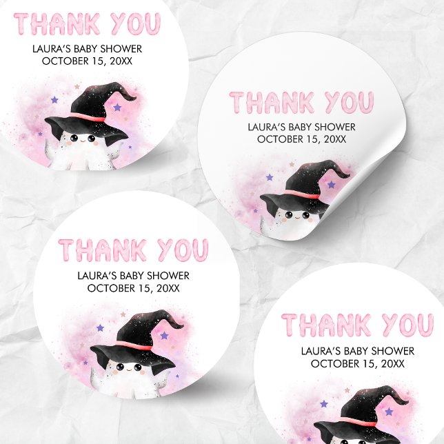 Adesivo Redondo Pink Little Boo Ghost Witch Baby Shower (Little Boo Halloween Baby Shower Round Sticker)