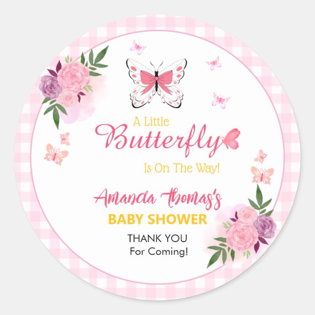 Adesivo Redondo Pink Little Butterfly Baby Shower Thank You  (Frente)