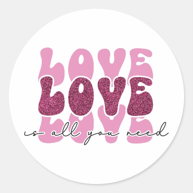 Adesivo Redondo Pink "Love" Stacked Bubble Font (Frente)