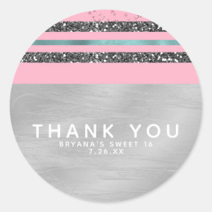 Adesivo Redondo Pink Mint Green & Silver Glitter Sweet 16 Party