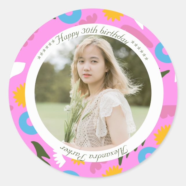 Adesivo Redondo pink name birthday modern floral romantic  Sticker (Frente)
