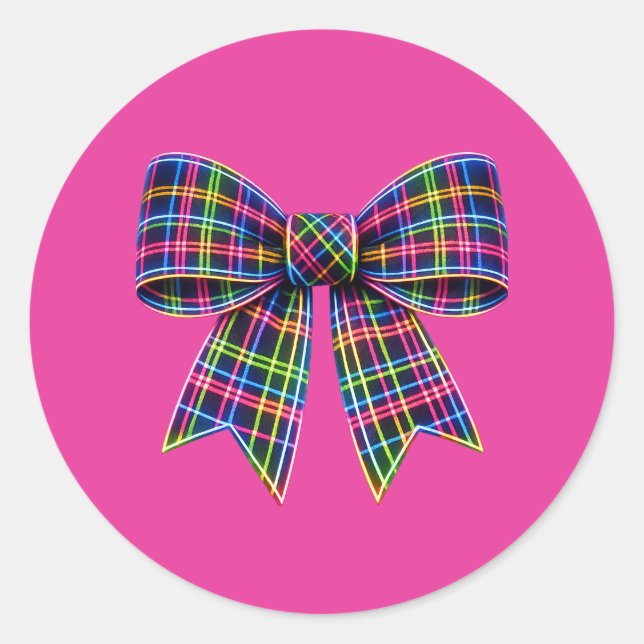 Adesivo Redondo Pink Neon Bow Tartan Ribbon Scottish Cute (Frente)