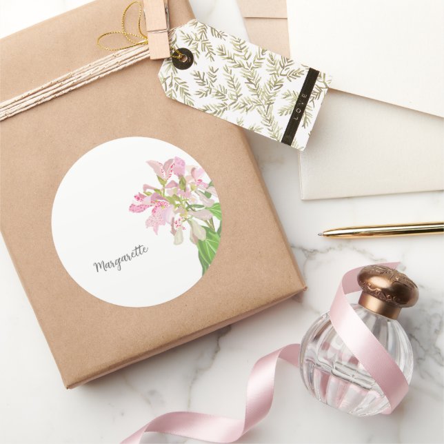 Adesivo Redondo Pink Orchid Floral Design – Elegant Botanical Art (Presentear)