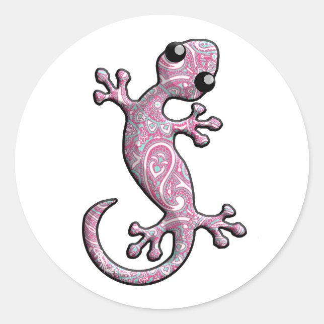 Adesivo Redondo Pink Paisley Gecko Lizard (Frente)